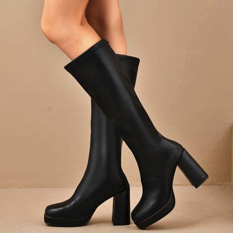 Leather Slimming Chunky Heel Below the Knee Knight Boots
