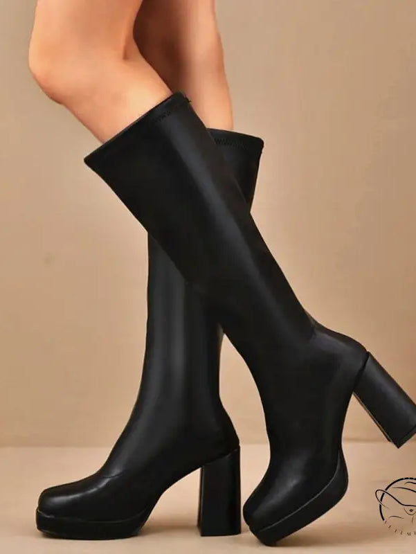 Leather Slimming Chunky Heel Below the Knee Knight Boots