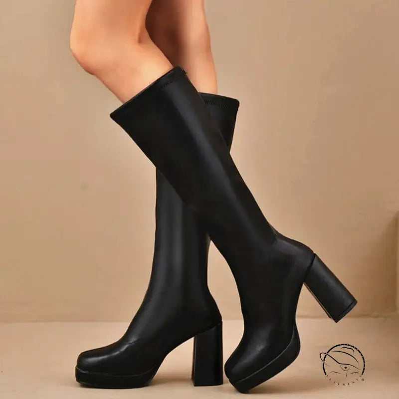Leather Slimming Chunky Heel Below the Knee Knight Boots