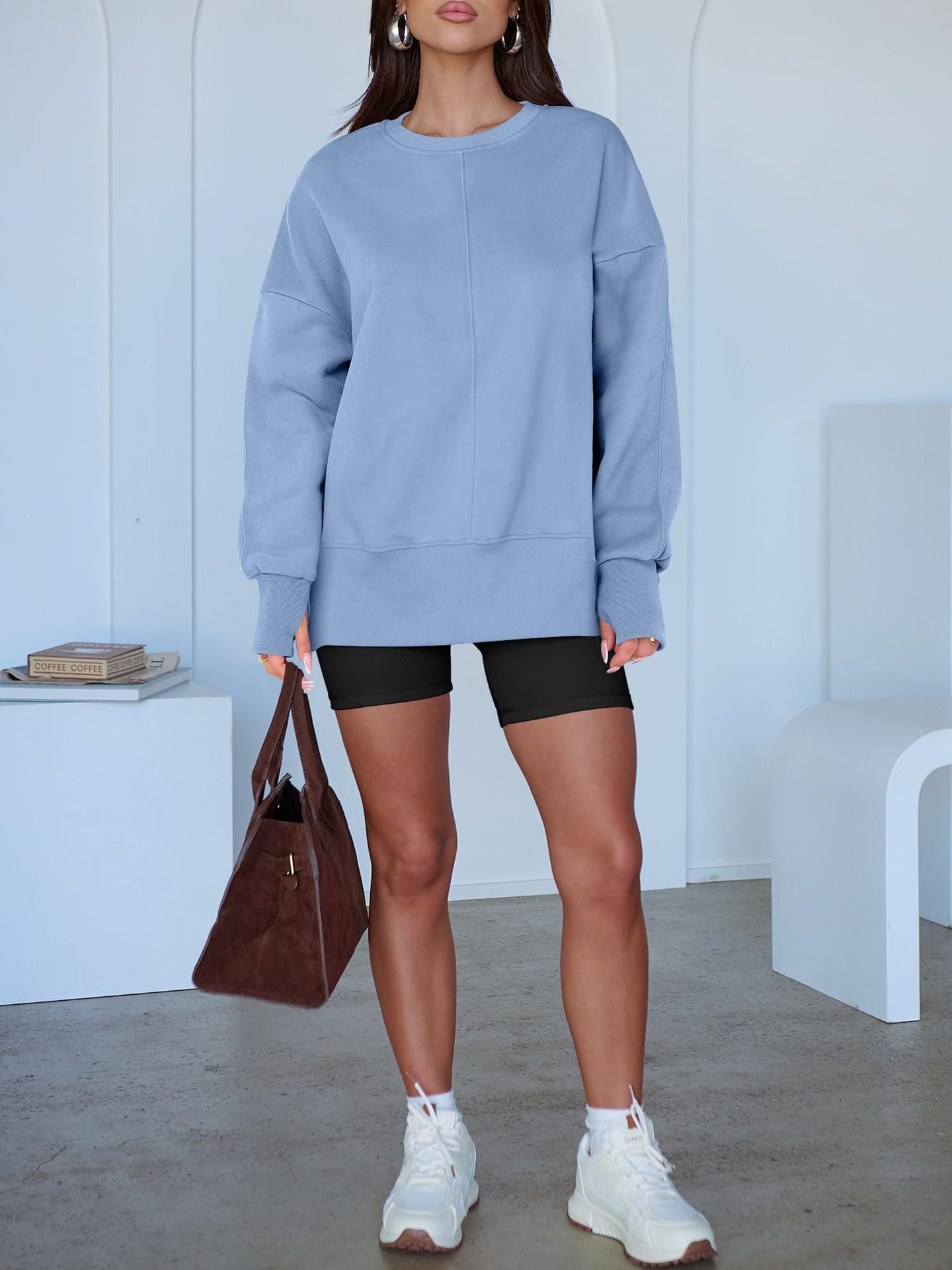 Light blue langry casual loose round neck pullover sweatshirt