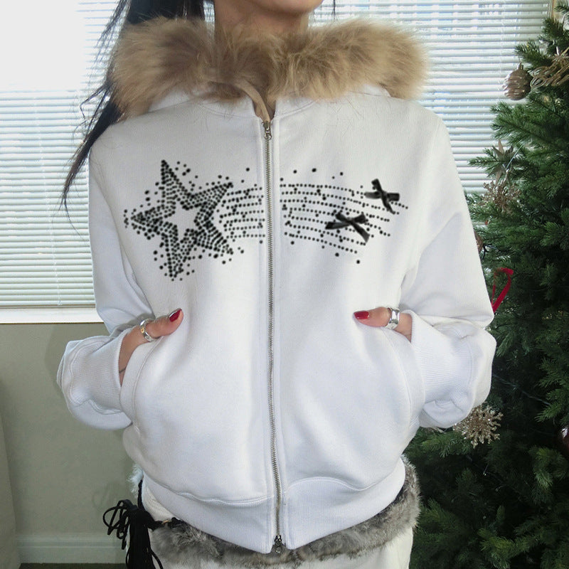 White zip-up hoodie with fur-lined hood and black star and bow embellishments for langry fashion and ملابس