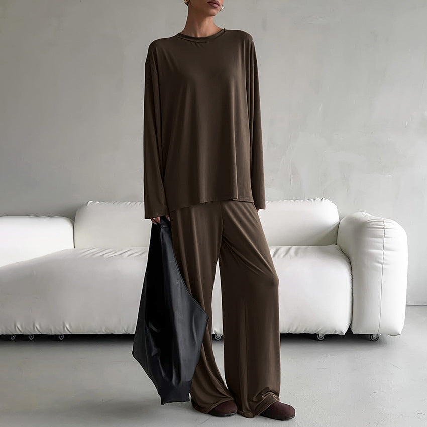 Woman in dark brown round neck langry casual pajamas with tote bag, fashionable homewear