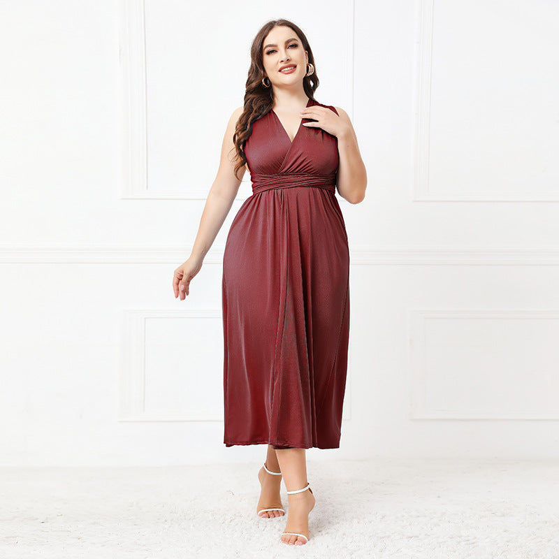 Elegant Burgundy V-neck midi dress showcasing sophisticated fashion and luxury ملابس
