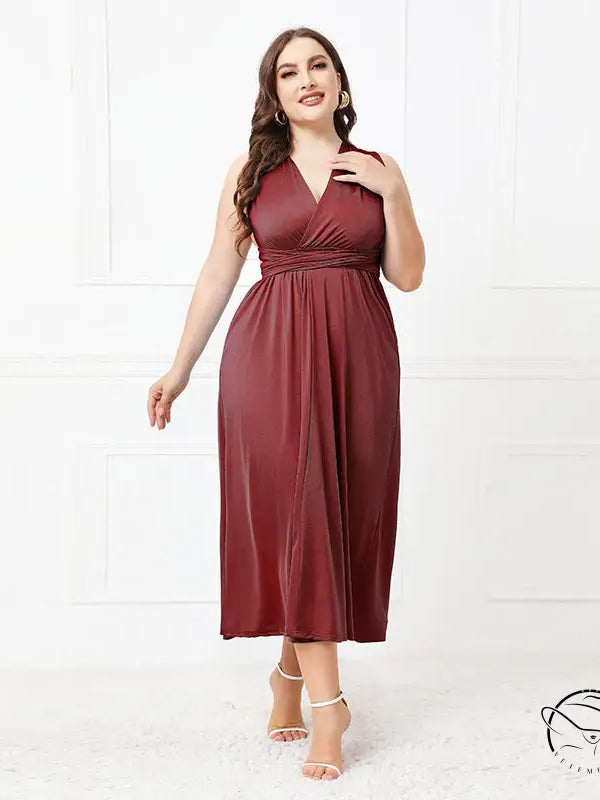 Elegant cross backless burgundy V-neck midi dress