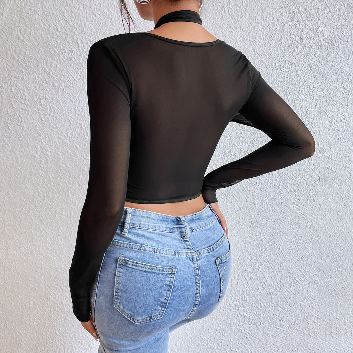 Black mesh long-sleeve top from Cross Halterneck Low Cut See-through Long Sleeved T-Shirt Steel Ring Boning Corset Waist Top, stylish ملابس for fashion