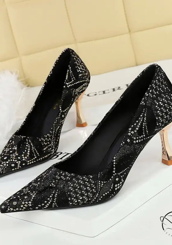 Langry fashion black glitter pointed-toe high heel with rhinestones