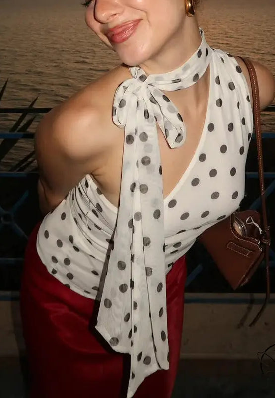 Polka dot slim fit tank top with tie neck cutout, Langry fashion