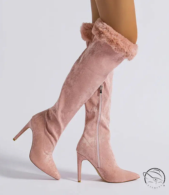 Pink heel high leg boot with faux fur trim and stiletto heels