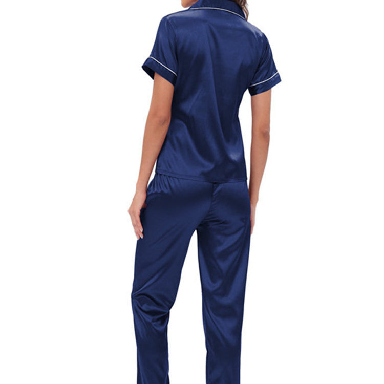 Langry navy blue satin pajama set with white piping, fashion homewear