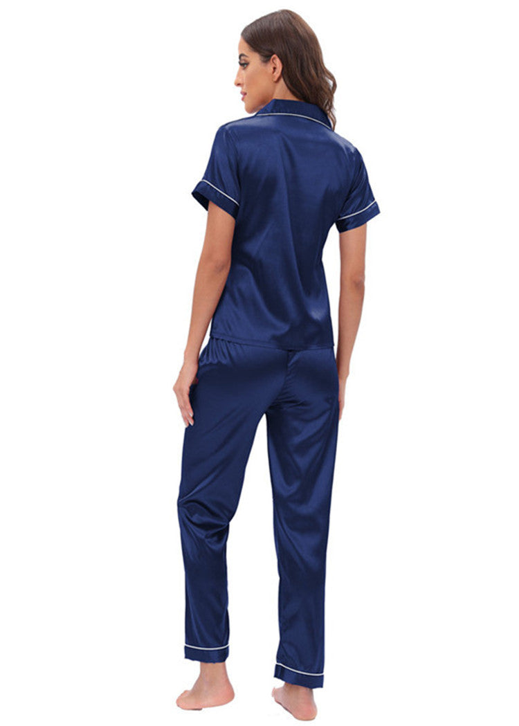 Langry navy blue satin pajama set with white piping, fashion homewear
