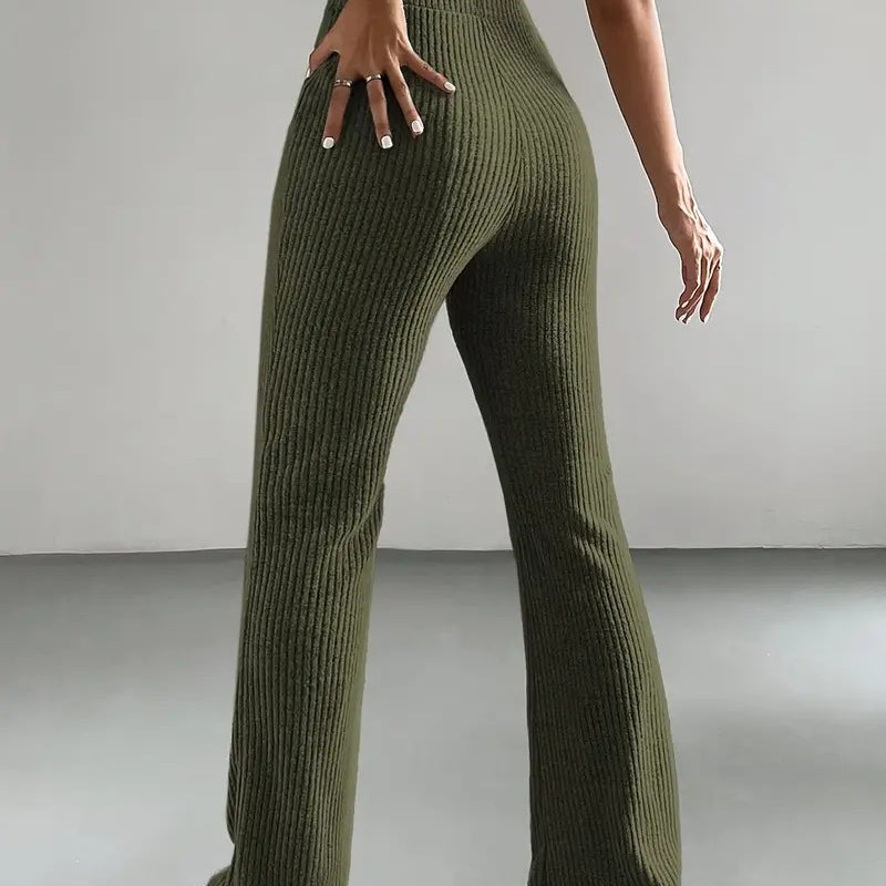 Casual knitted ribbed flare pants in olive green from Casual Knitted All Match Pants collection