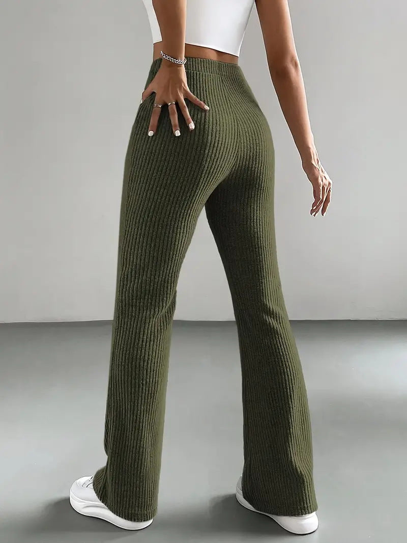 Casual knitted ribbed flare pants in olive green from Casual Knitted All Match Pants collection