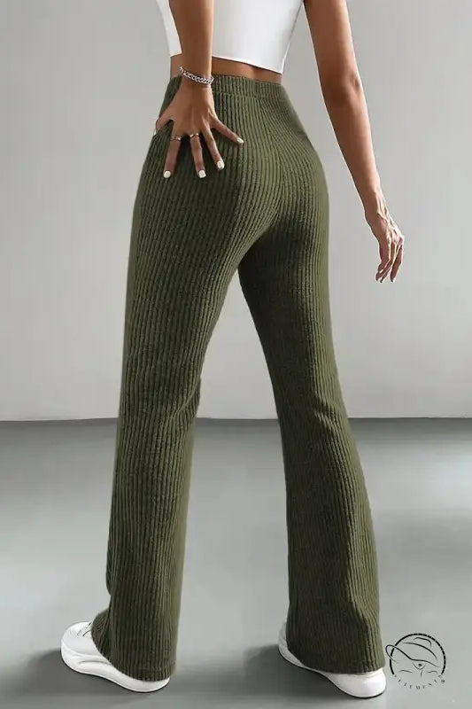 Olive green ribbed knit flare casual knitted match pants by Langry