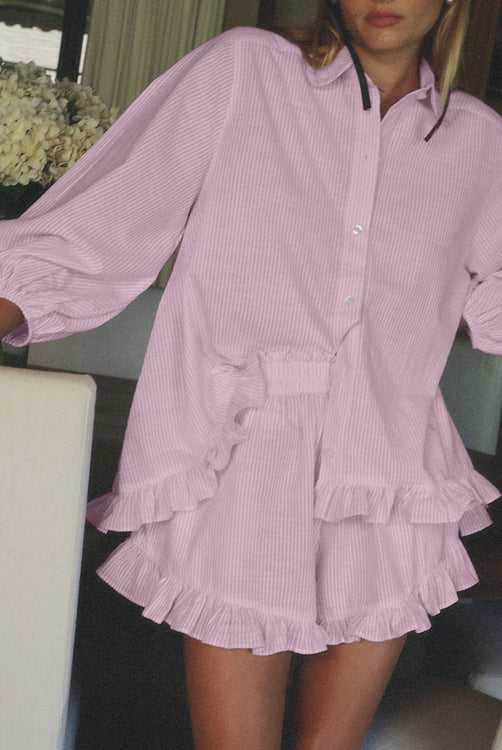 Elegant Puff Sleeve Ruffled Shirt Loose Shorts Two Piece Set