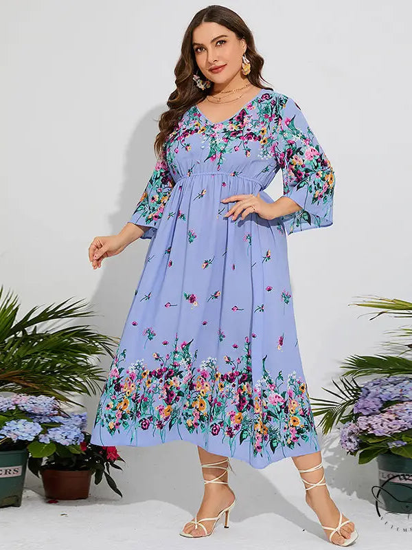 Plus-size floral chiffon spring dress with elastic waist and bell sleeves