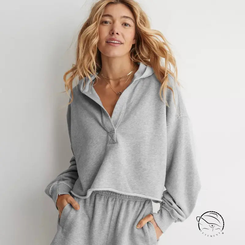 Cozy loose hooded light gray half-zip sweatshirt with gathered waist, langry fashion ملابس