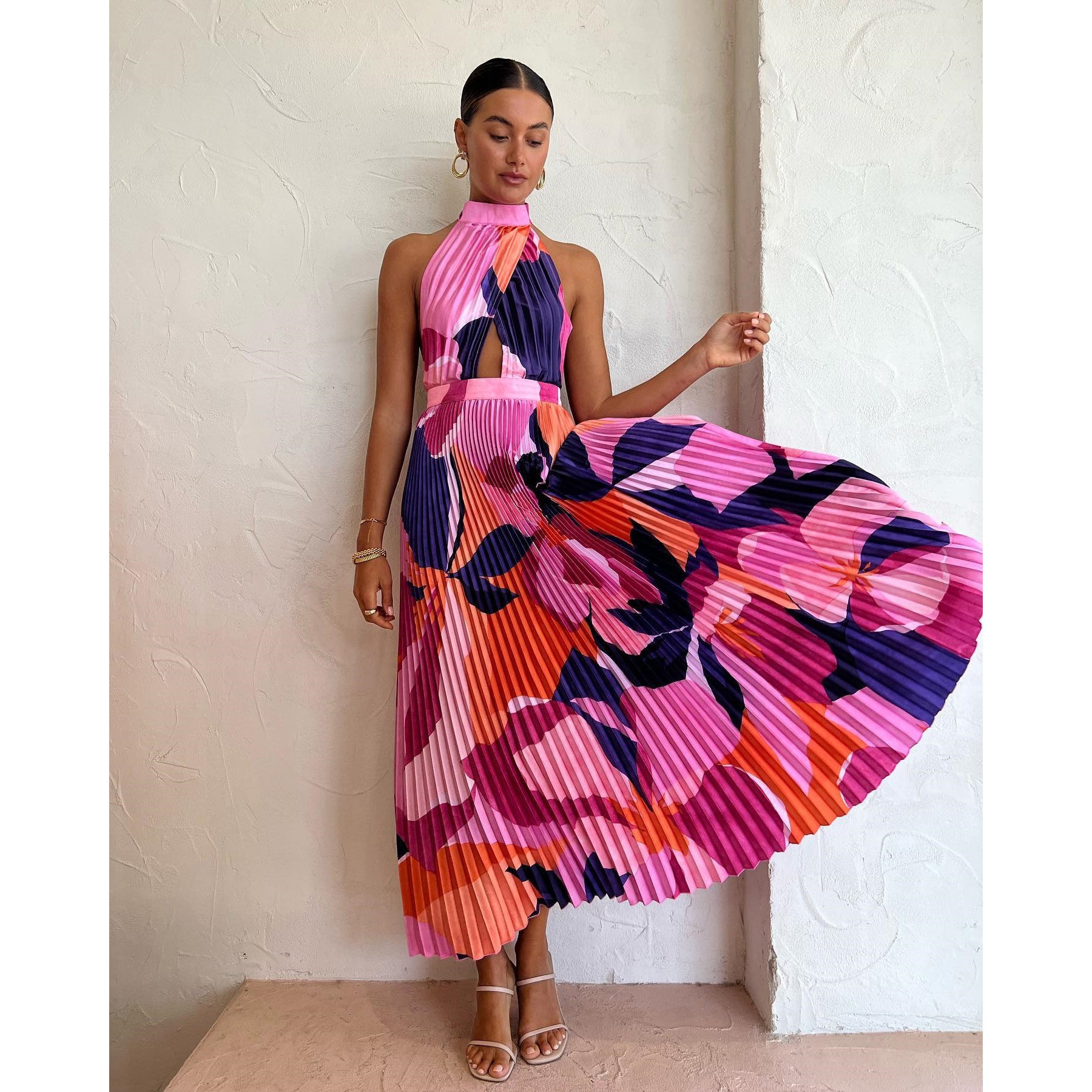 Spring Summer Halter Pleated Dress Casual Loose Vacation Women Clothing