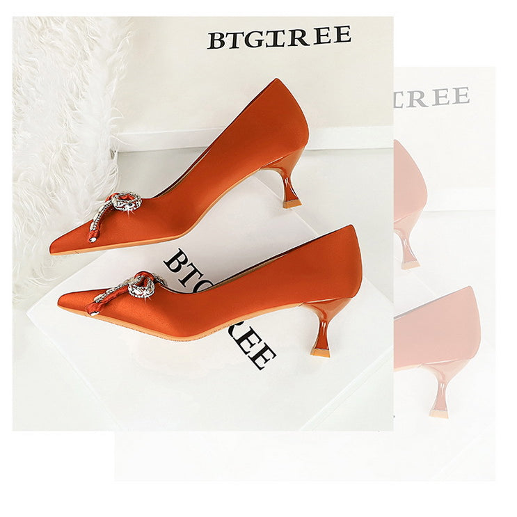 Langry fashion orange satin high heels with rhinestone bow buckle detail