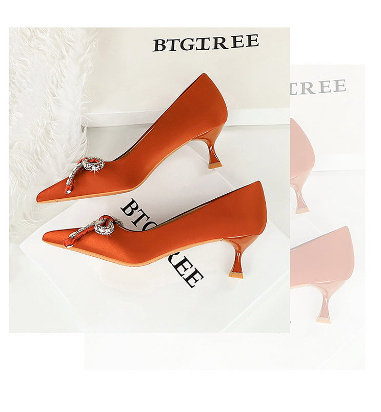 Langry fashion orange satin high heels with rhinestone bow buckle detail
