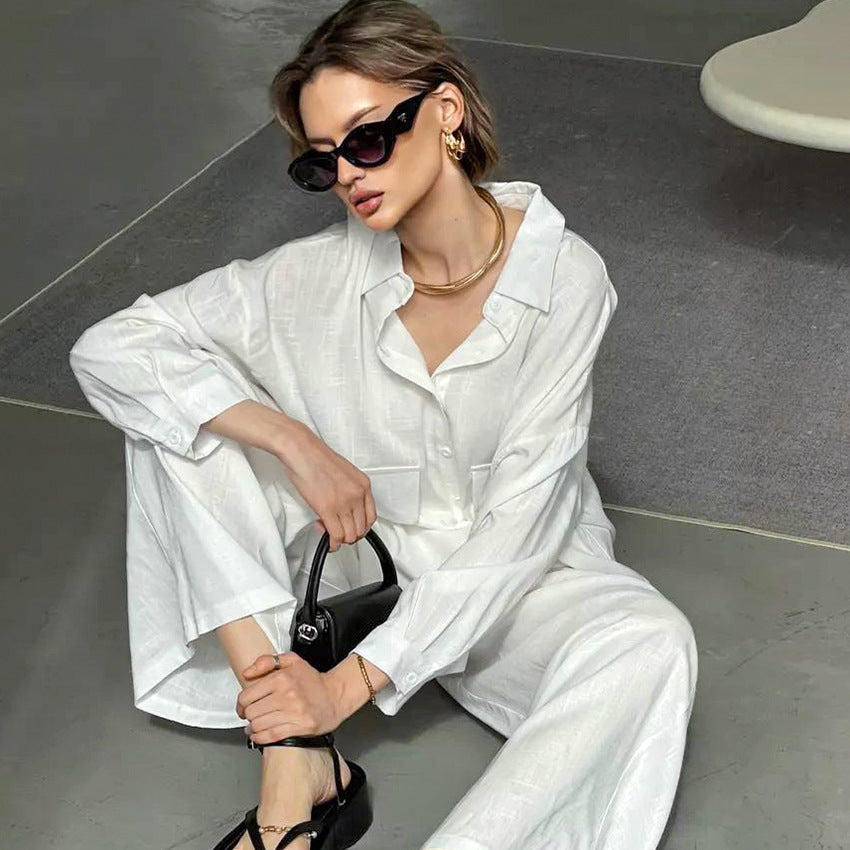 Stylish woman wearing pure cotton cardigan loose pajamas with black accessories and sunglasses