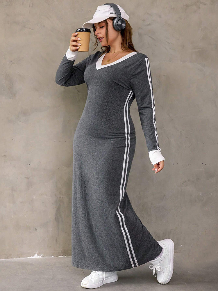 Gray maxi dress with white stripes from the Gorgeous Winter Maxi Dress collection, stylish fashion