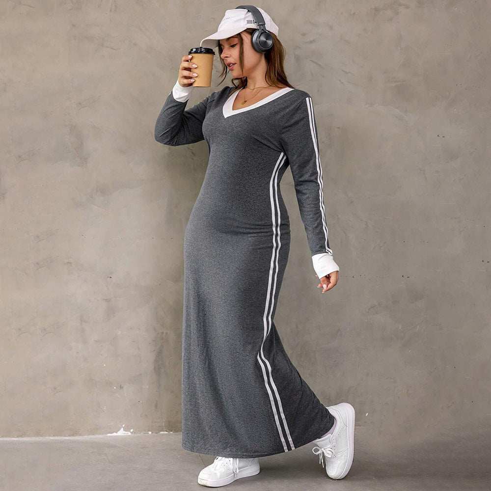 Gray maxi dress with white stripes from the Gorgeous Winter Maxi Dress collection, stylish fashion