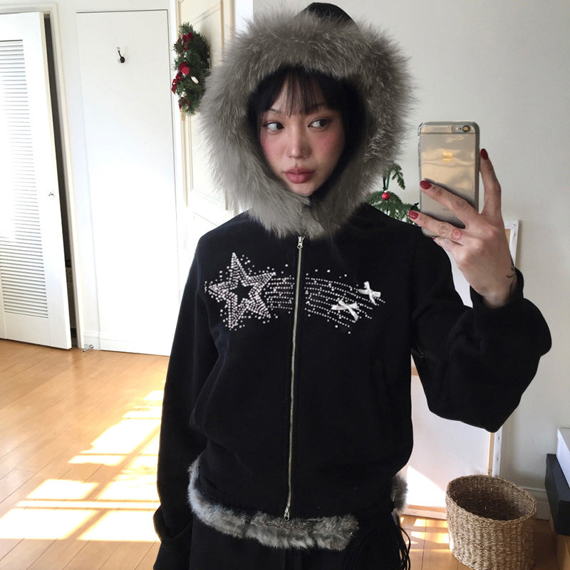 Black zip-up hoodie with fur trim and rhinestone star for langry fashion ملابس
