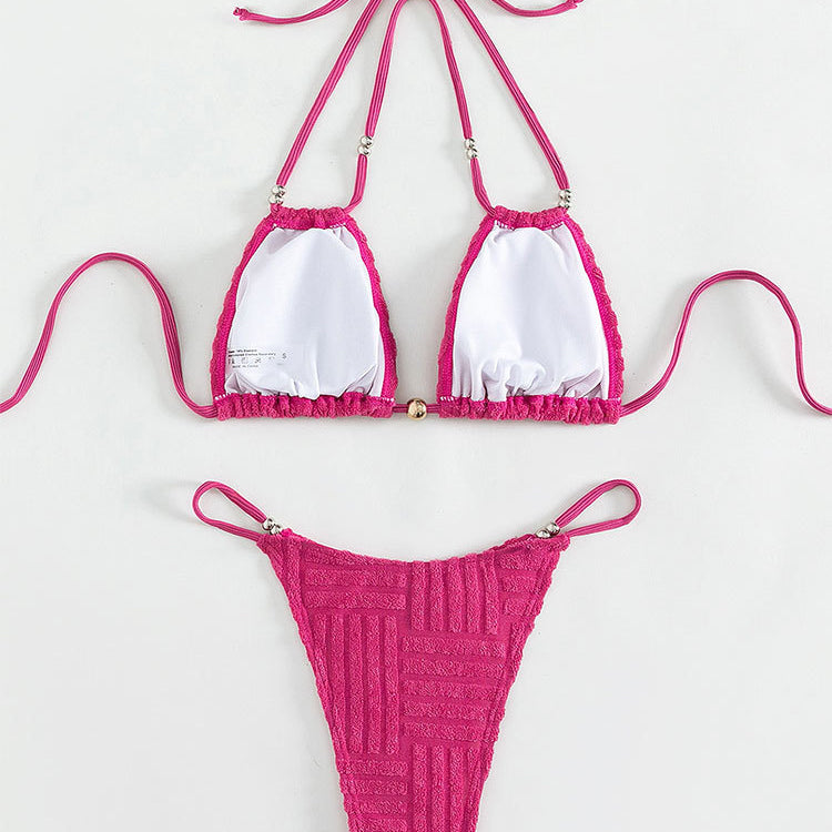 Pink textured beach beauty bikini with solid color backless high waist design