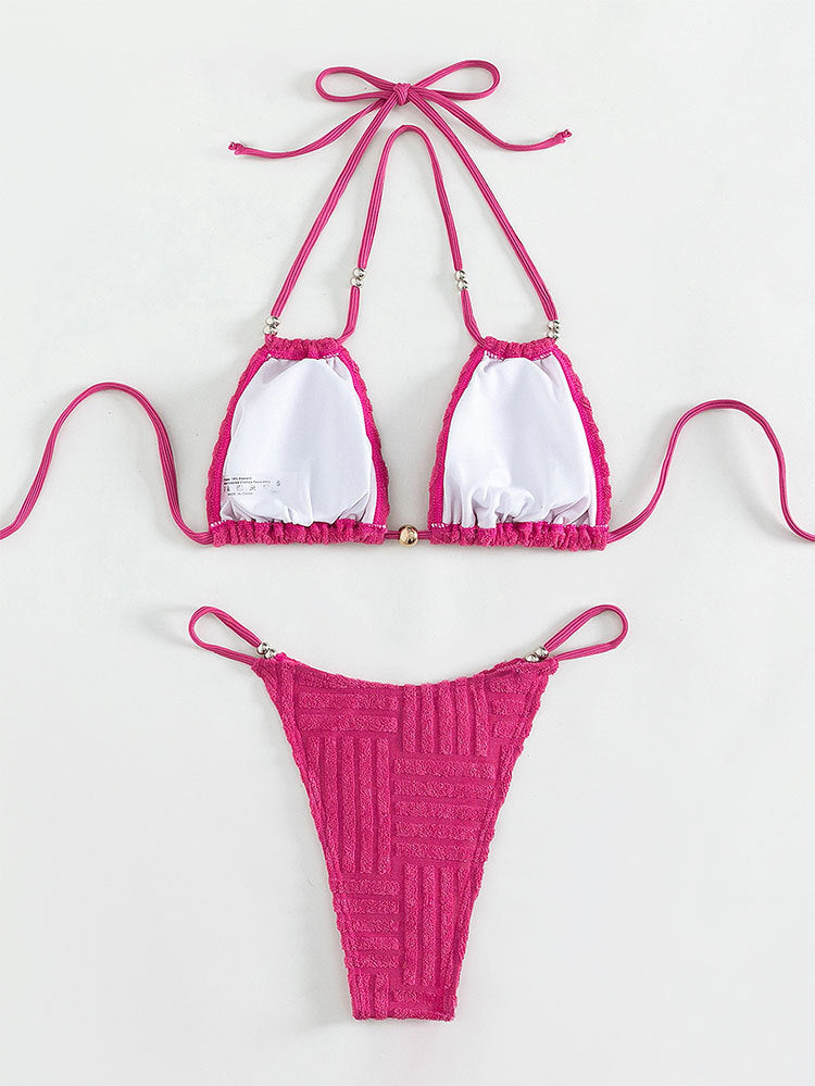 Pink textured beach beauty bikini with solid color backless high waist design