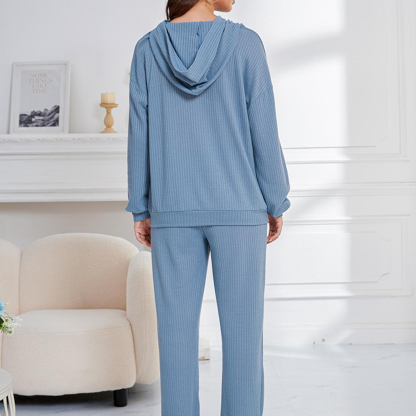 Blue ribbed knit hooded lounge set for women, perfect for casual home wear fashion ملابس
