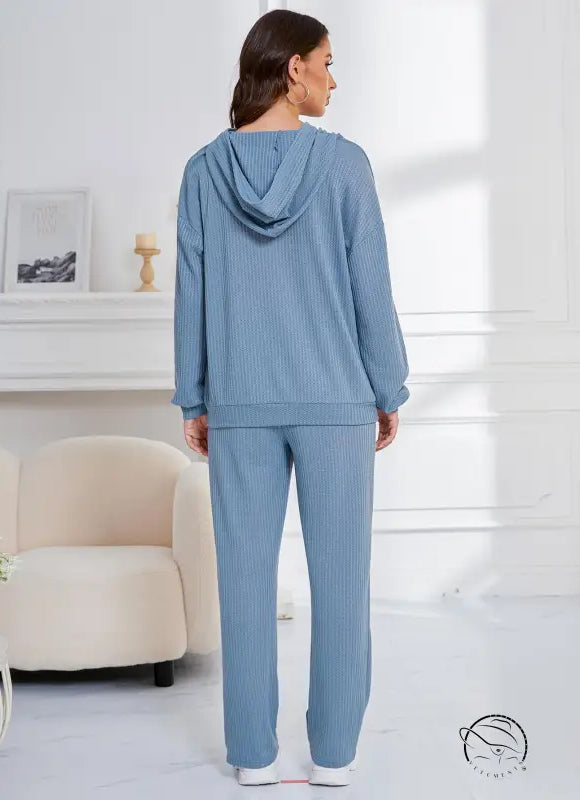 Blue ribbed knit hooded casual suit lounge set for women