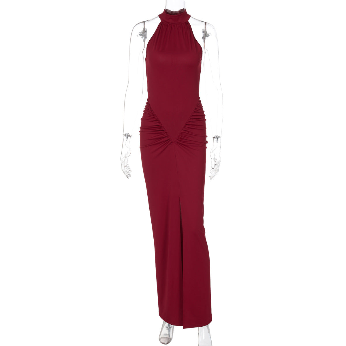 Elegant Burgundy Halter-Neck Maxi Dress showcased in Gorgeous Sleeveless Maxi Dress collection