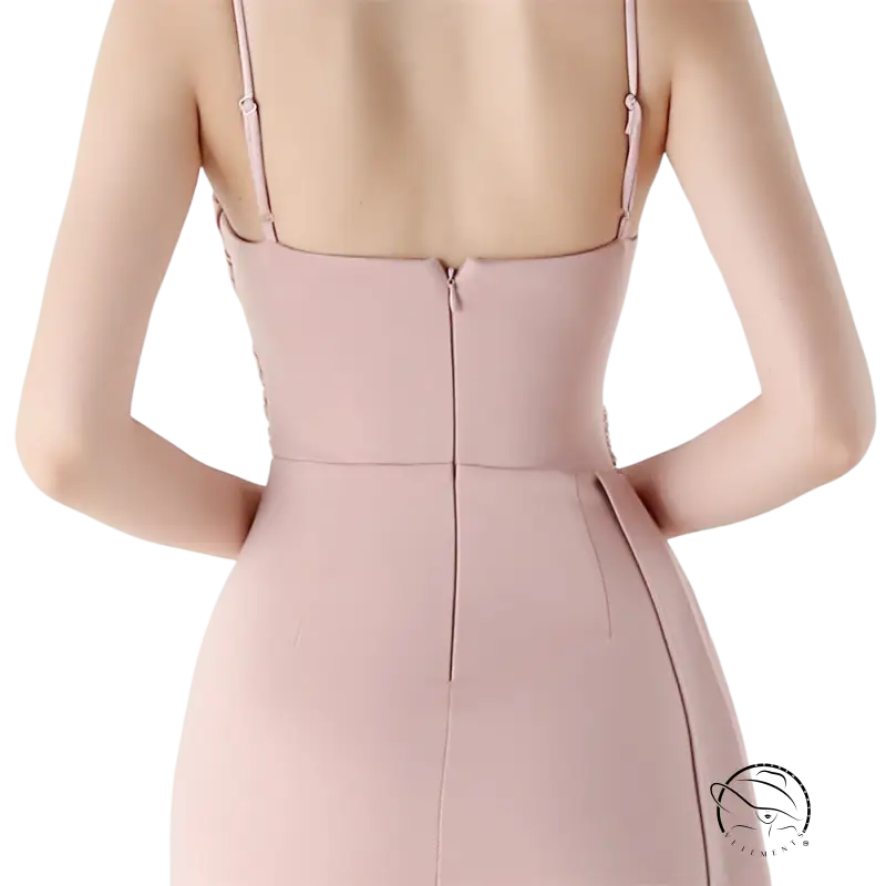 Elegant blush-pink satin evening gown with high slit by Langry fashion