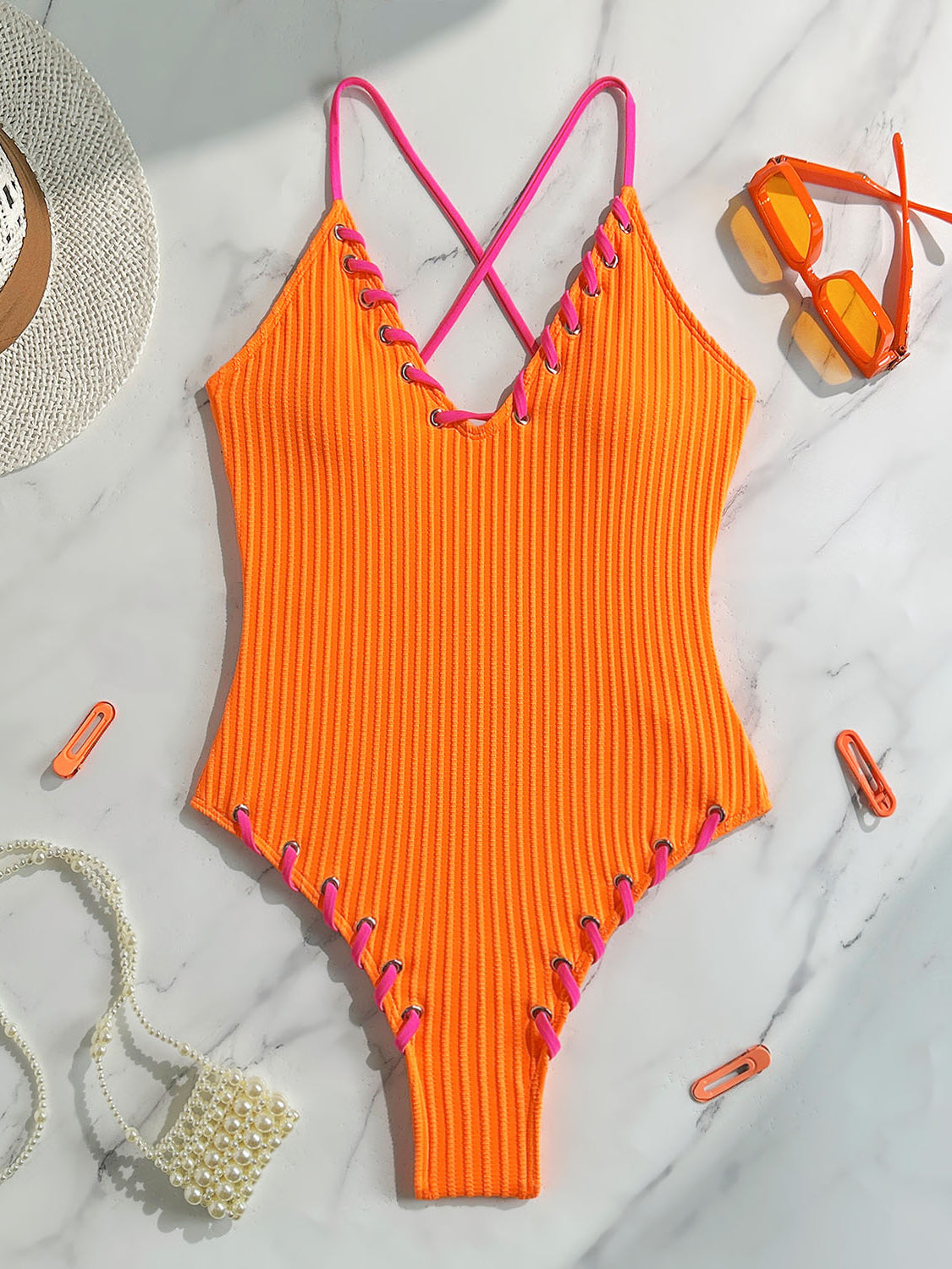 Bright orange ribbed one-piece swimsuit from Stunning Matching Sling Swimwear, stylish fashion ملابس