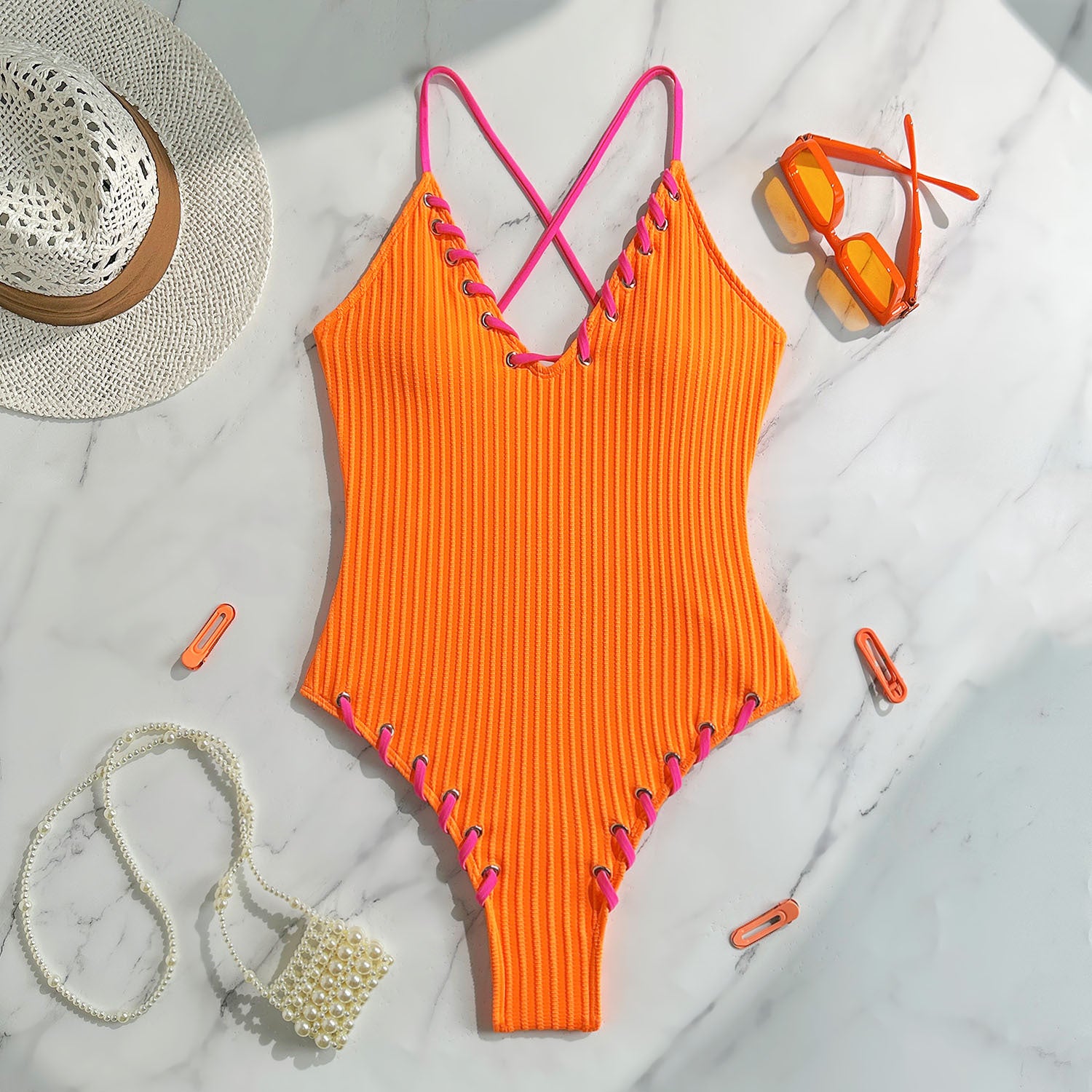 Bright orange ribbed one-piece swimsuit from Stunning Matching Sling Swimwear, stylish fashion ملابس