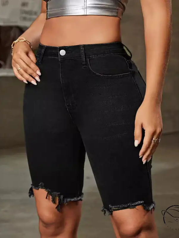 Black denim shorts high waist with raw hem, slim fit casual style