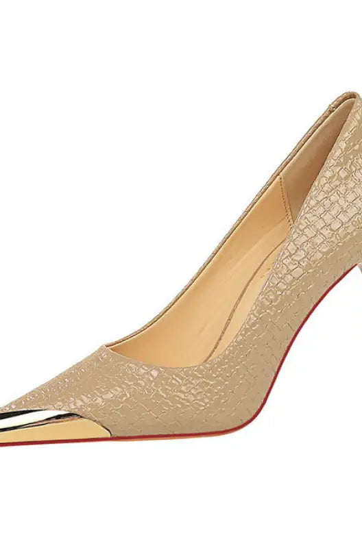 Elegant beige stiletto heel with gold toe cap in Langry fashion leather low cut metal pointed high heel