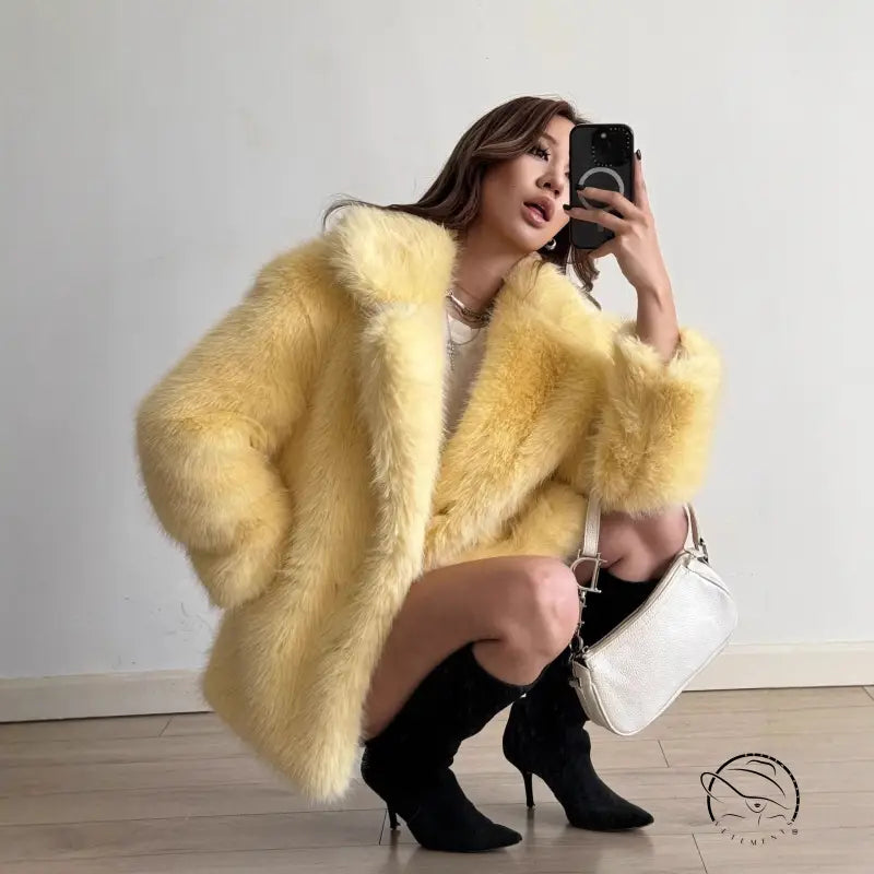 Yellow faux fur Langry coat with black heels and white handbag