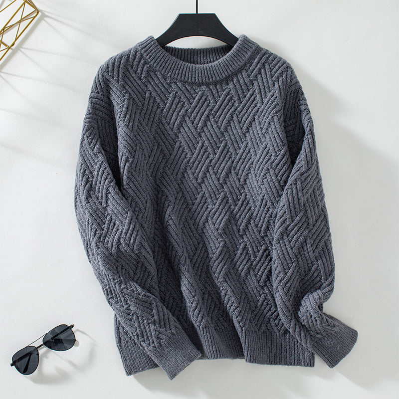 Gray herringbone crew neck knit sweater with ribbed texture