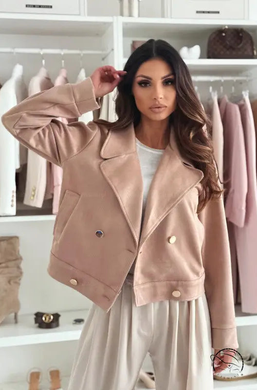 Langry fashion beige suede short coat with gold buttons and structured collar