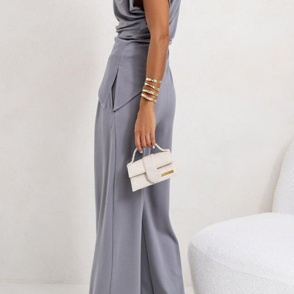 Gray wide-leg pantsuit from Gorgeous Two Piece Sets Jumpsuit for elegant fashion ملابس