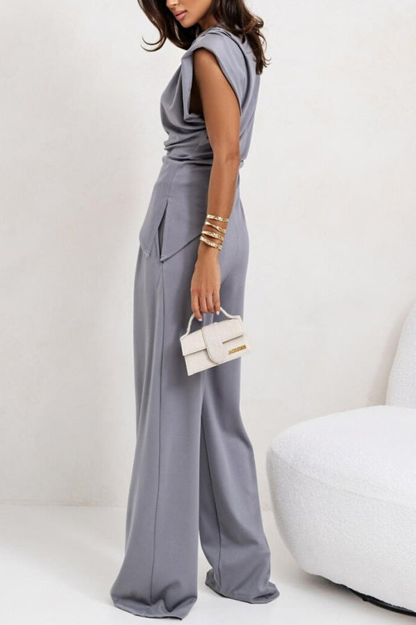 Gray wide-leg pantsuit from Gorgeous Two Piece Sets Jumpsuit for elegant fashion ملابس