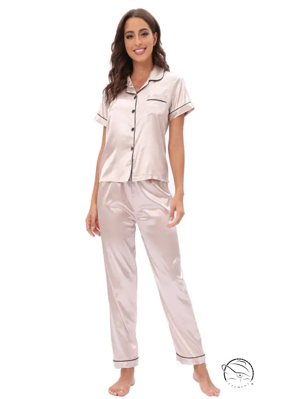Elegant beige satin pajama set with black piping, langry fashion ملابس