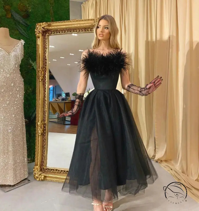 Langry fashion black feathered cocktail dress with tulle straps