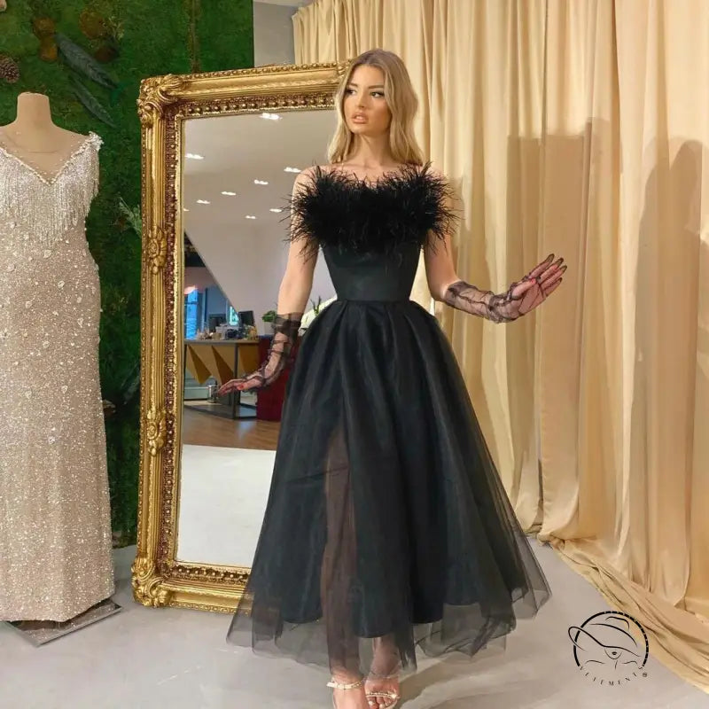 Langry fashion black feathered cocktail dress with tulle straps