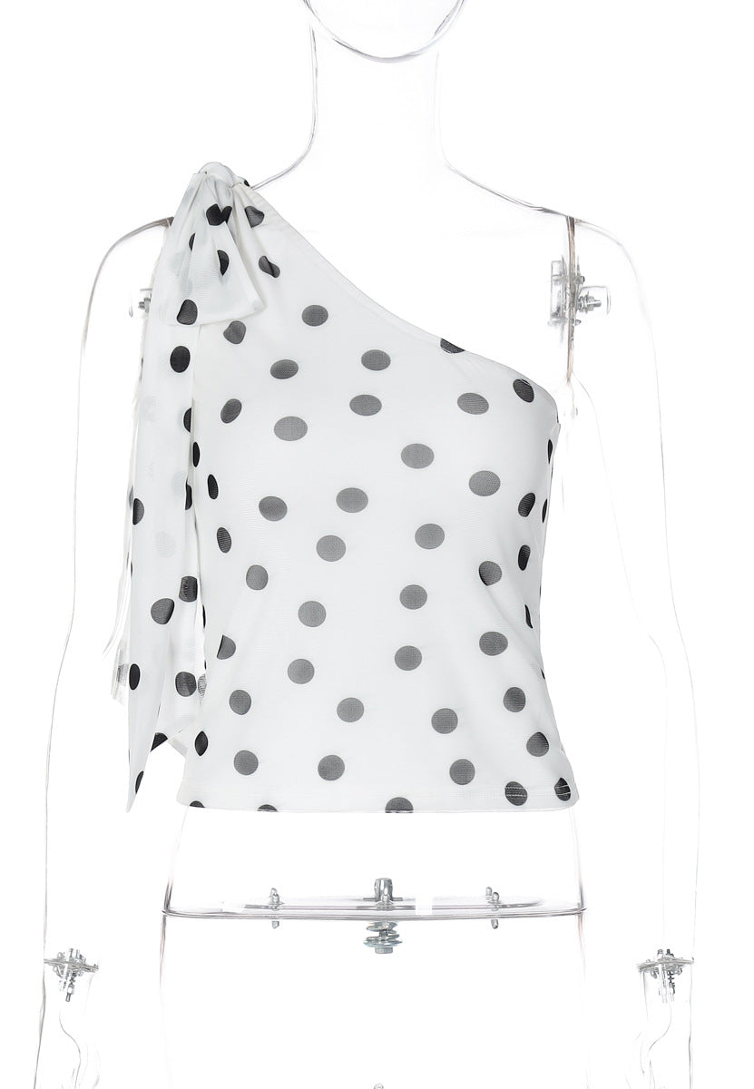 White polka dot one-shoulder Langry fashion blouse with silver embellishments