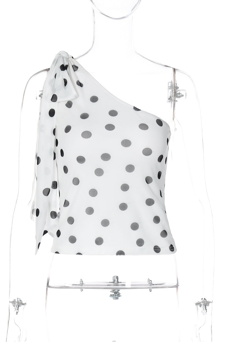White polka dot one-shoulder Langry fashion blouse with silver embellishments