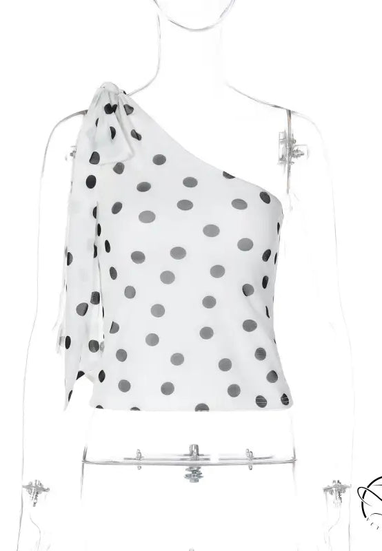 White polka dot one-shoulder Langry fashion blouse with silver embellishments