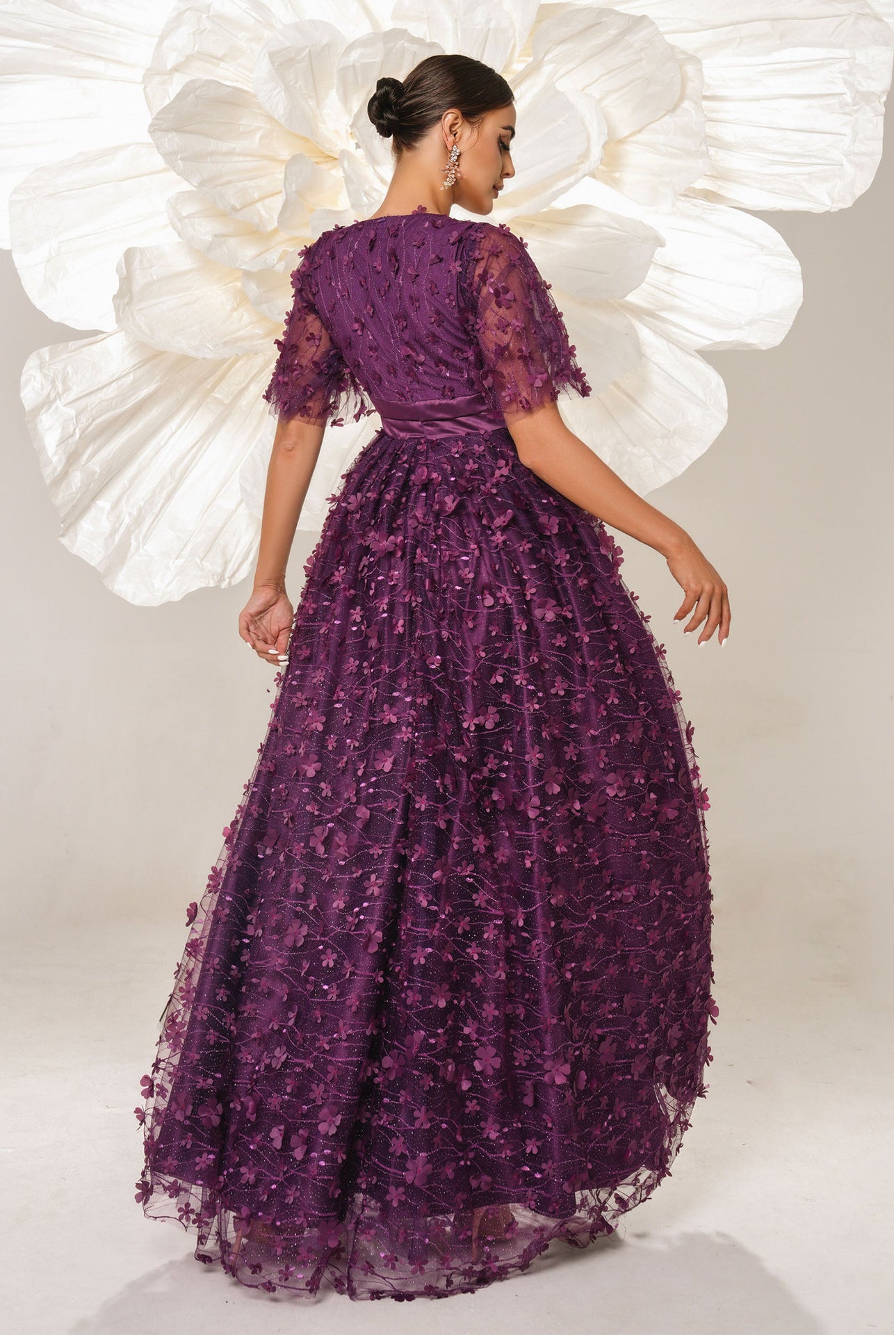 Purple floral-embellished gown, elegant V neck short sleeves, stylish langry fashion dress