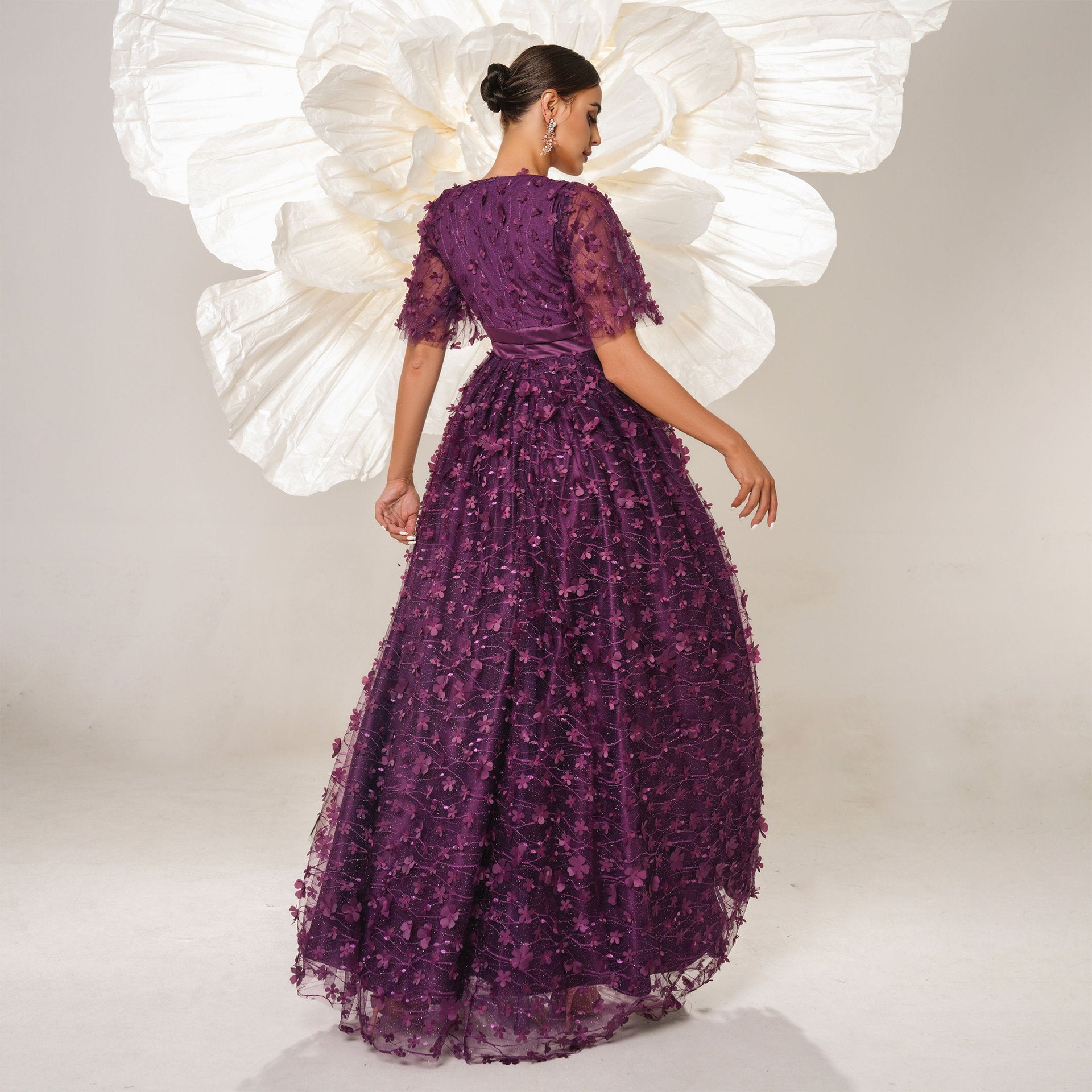 Purple floral-embellished gown, elegant V neck short sleeves, stylish langry fashion dress